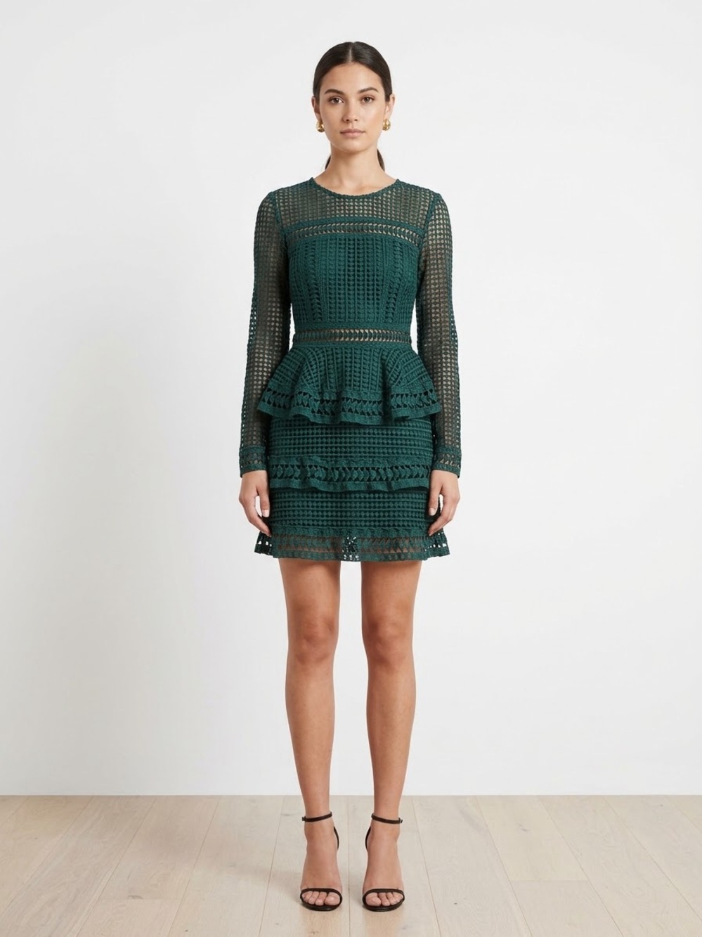 Endless Rose Dark Green Long-Sleeve Crochet Peplum Dress